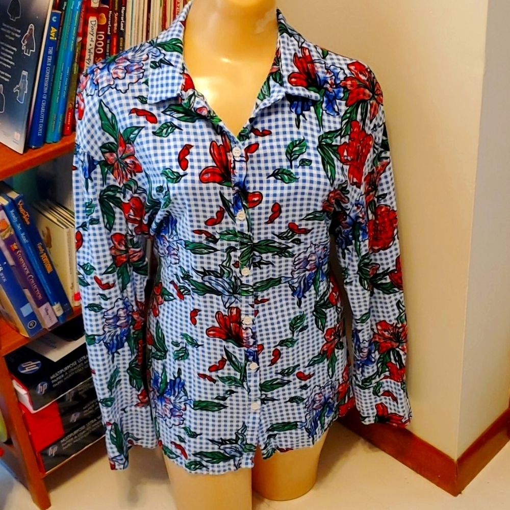 Massini Womens Checkers & Floral Tie Back Blouse, Large